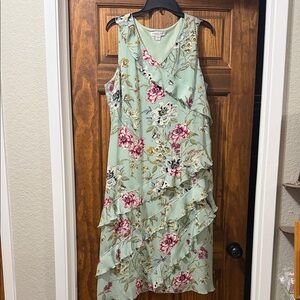 Coldwater Creek Mint Floral Ruffle Midi Dress with Pink Blooms